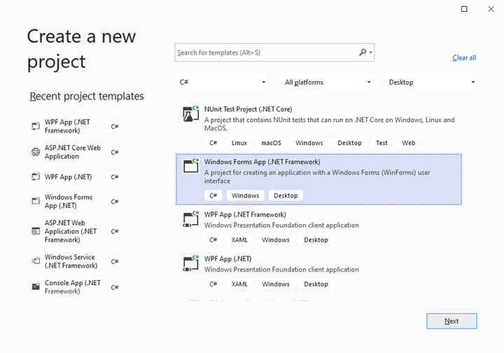 windows form application visual studio 2019